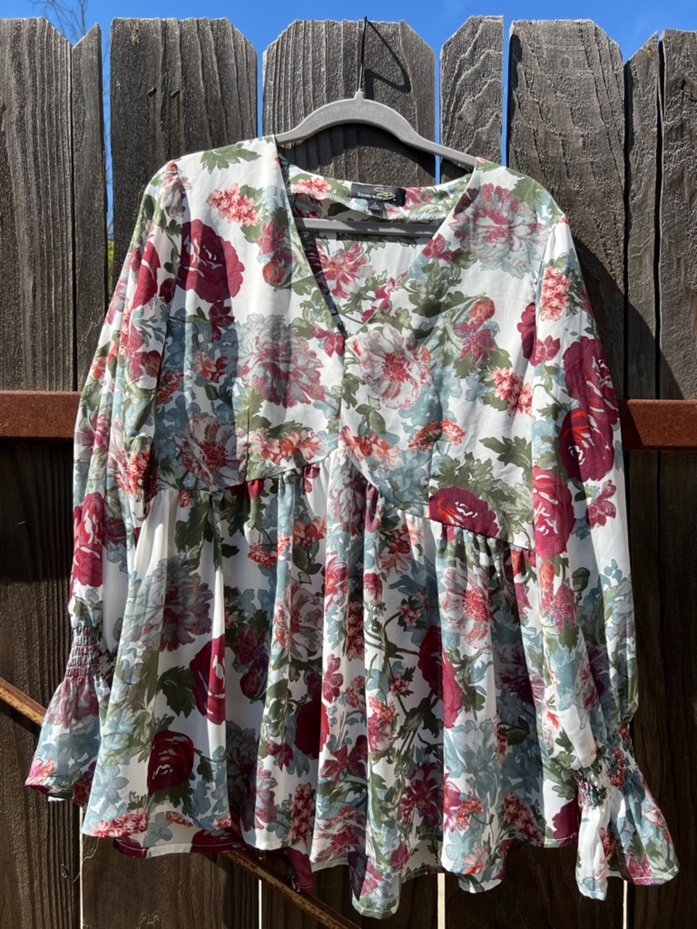 Romantic Floral V-Neck Peplum Blouse in White, Burgundy & Sage - Picture 6 of 6